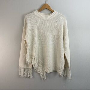 Mello Los Angeles Fringe Asymmetrical Crewneck Sweater Ivory NWT‎ Women’s Medium